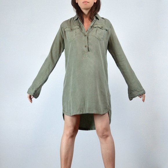 Oversized Long Sleeve Shirt Dress, Distressed Olive Green, Abercrombie & Fitch - Picture 2 of 10